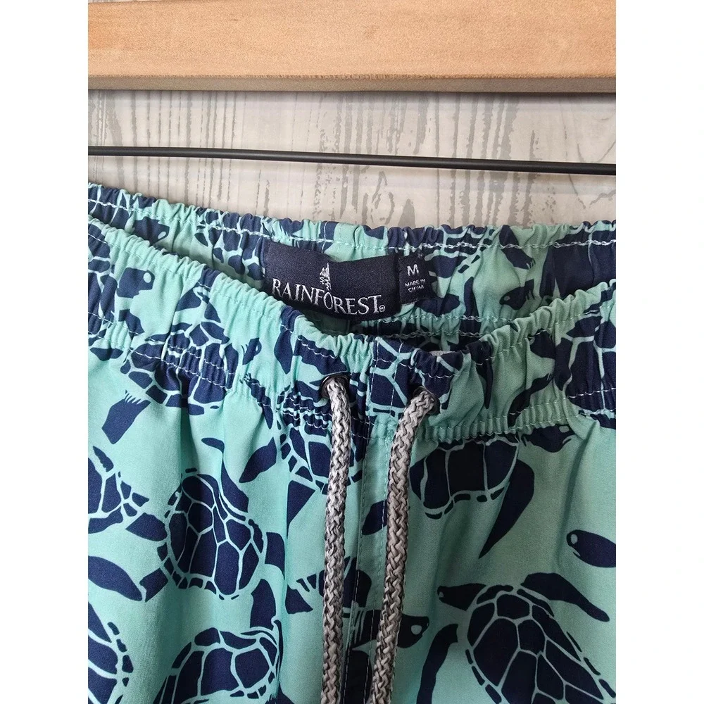 Rainforest Men's Swim Trunks Sea Turtle Print Elastic Waist Drawstring Size M